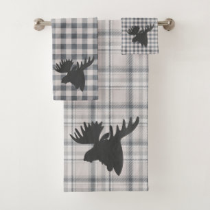 Rustic Cozy Farmhouse Plaid Moose Silhouette  Bath Towel Set