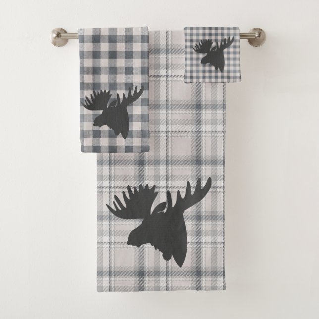 Rustic Cozy Farmhouse Plaid Moose Silhouette  Bath Towel Set (Insitu)