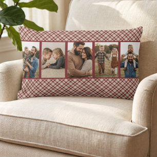Rustic Cozy Red Buffalo Plaid Multi Photo Lumbar Pillow
