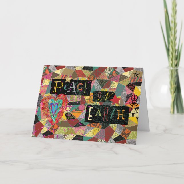 Rustic Crazy Quilt Peace on Earth  Holiday Card (Front)