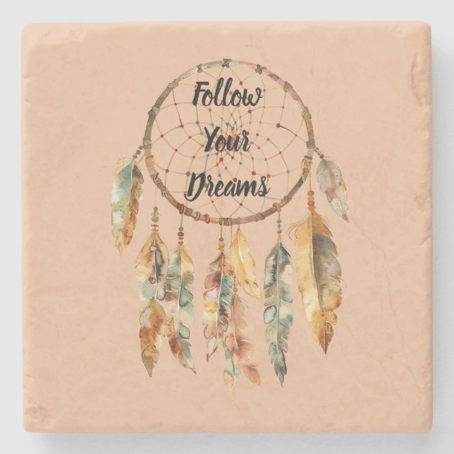 Rustic Cream Boho Feathers Dream Catcher Stone Coaster (Front)