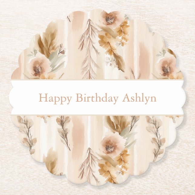 Rustic Cream Boho Floral Birthday Paper Coaster (Front)