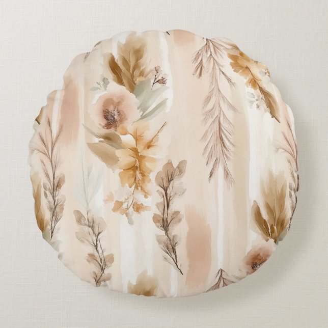 Rustic Cream Boho Floral Round Pillow (Front)