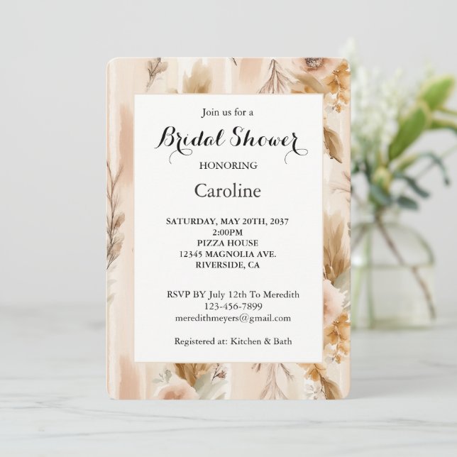 Rustic Cream Border Boho Floral Bridal Shower Invitation (Standing Front)