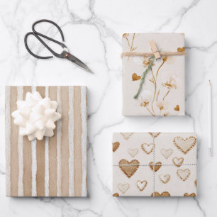 Rustic Cream Brown Hearts Stripes Birthday Wrapping Paper Sheet