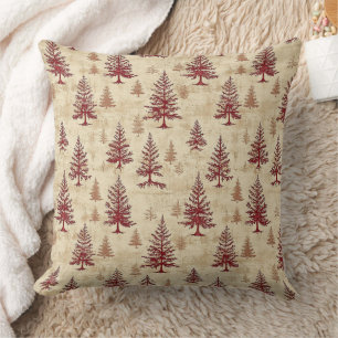 Rustic Cream Burgundy Winter Pine Forest Pattern Throw Pillow