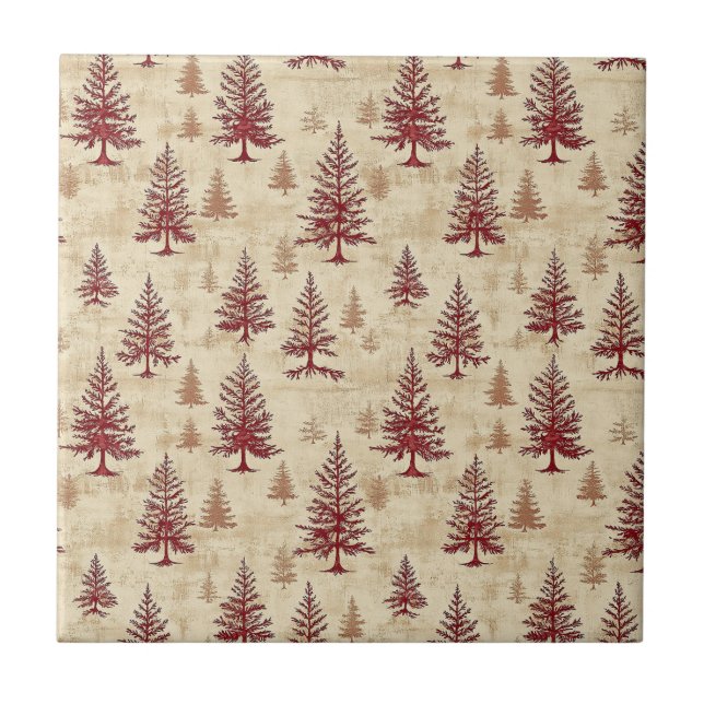 Rustic Cream Burgundy Winter Pine Forest Pattern Tile (Front)