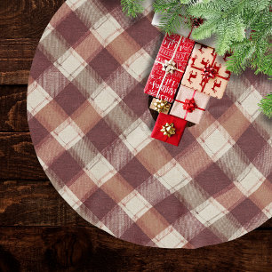 Rustic Cream Orange Rust Red Plaid Pattern Brushed Polyester Tree Skirt