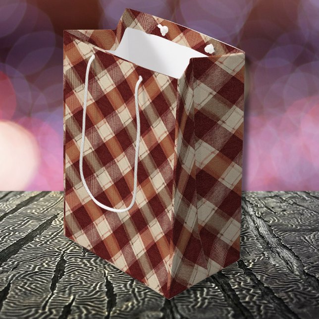 Rustic Cream Orange Rust Red Plaid Pattern Medium Gift Bag (Creator Uploaded)