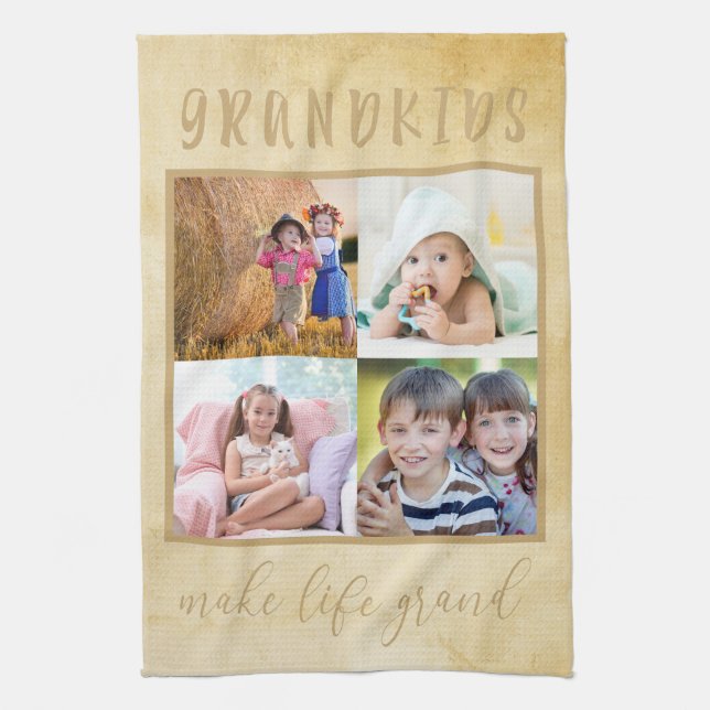 Rustic Cream Photo Collage for Grandparents Kitchen Towel (Vertical)