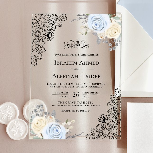 Rustic Cream Soft Blue Floral Lace Muslim Wedding Acrylic Invitations (Creator Uploaded)