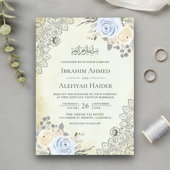 Rustic Cream Soft Blue Floral Lace Muslim Wedding Invitation (Creator Uploaded)