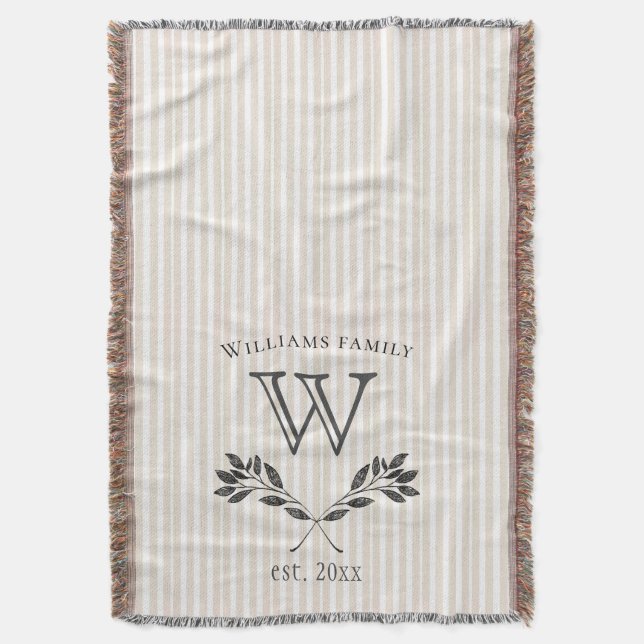 rustic cream stripes laurel branch monogram throw blanket (Front Vertical)