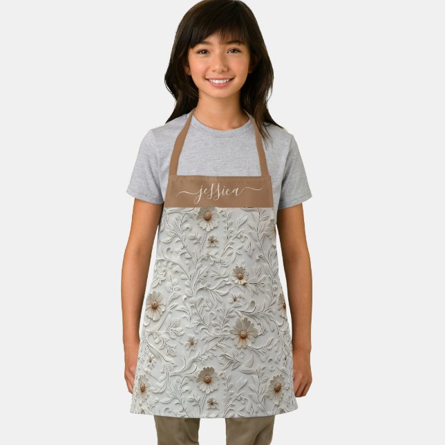 Rustic cream tooled leather script name girl's apron (Insitu)