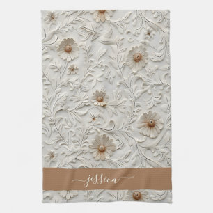 Rustic cream tooled leather script name kitchen towel