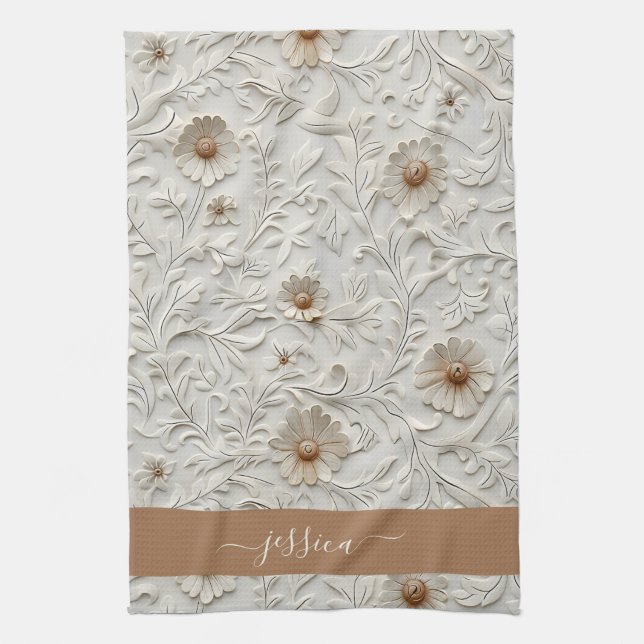 Rustic cream tooled leather script name kitchen towel (Vertical)