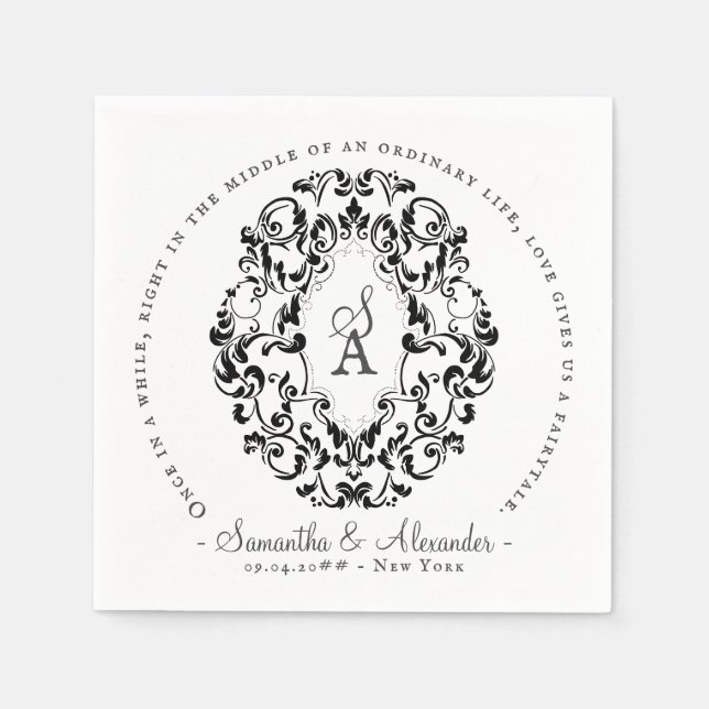 Rustic Crest Ivory Black Old Print Gothic Wedding Napkin (Front)