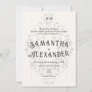 Rustic Crest Ivory White Old Print Gothic Wedding Invitation