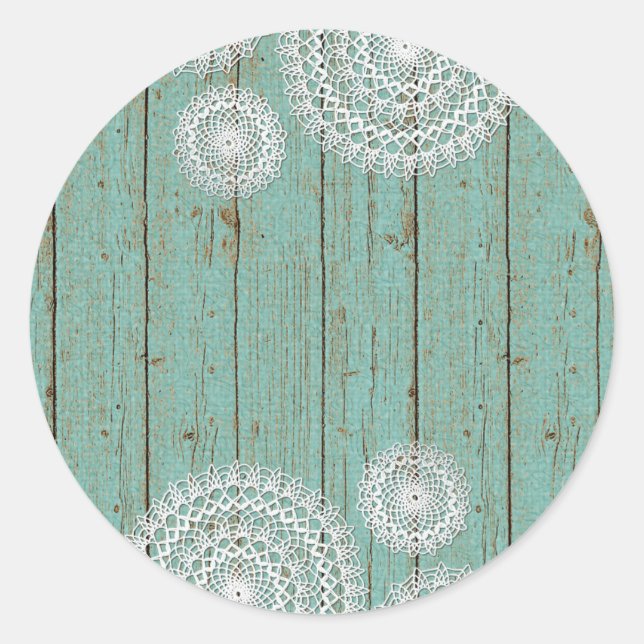 Rustic Crochet Doilies on Turquoise Farmhouse Wood Classic Round Sticker (Front)