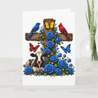 Rustic Cross Blue Roses Cow and Birds Blank Card