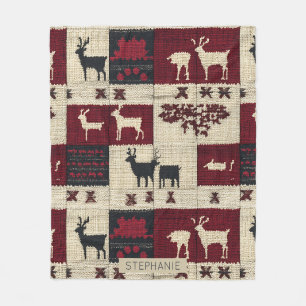 Rustic Cross-Stitch Patchwork Folk Holiday Motif Fleece Blanket