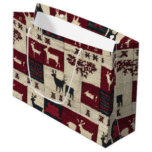 Rustic Cross-Stitch Patchwork   Folk Holiday Motif Large Gift Bag