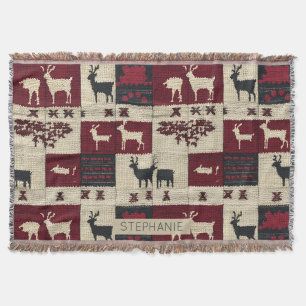 Rustic Cross-Stitch Patchwork Folk Holiday Motif Throw Blanket