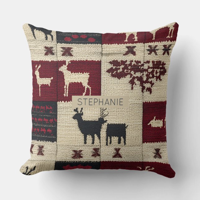 Rustic Cross-Stitch Patchwork | Folk Holiday Motif Throw Pillow (Front)