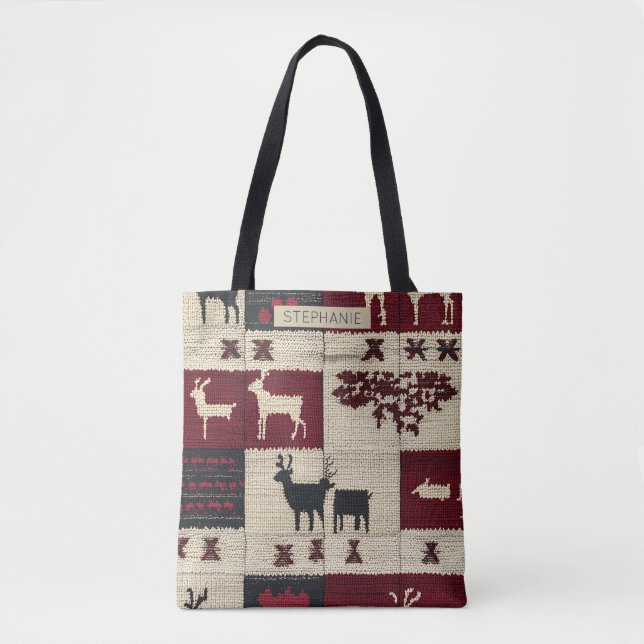 Rustic Cross-Stitch Patchwork | Folk Holiday Motif Tote Bag (Front)