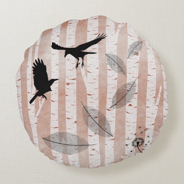 Rustic Crows in White Birch Forest Round Pillow (Back)