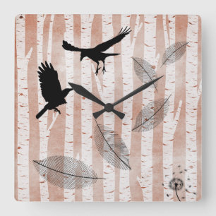 Rustic Crows in White Birch Forest Square Wall Clock