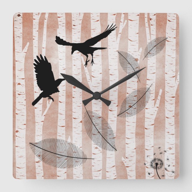 Rustic Crows in White Birch Forest  Square Wall Clock (Front)