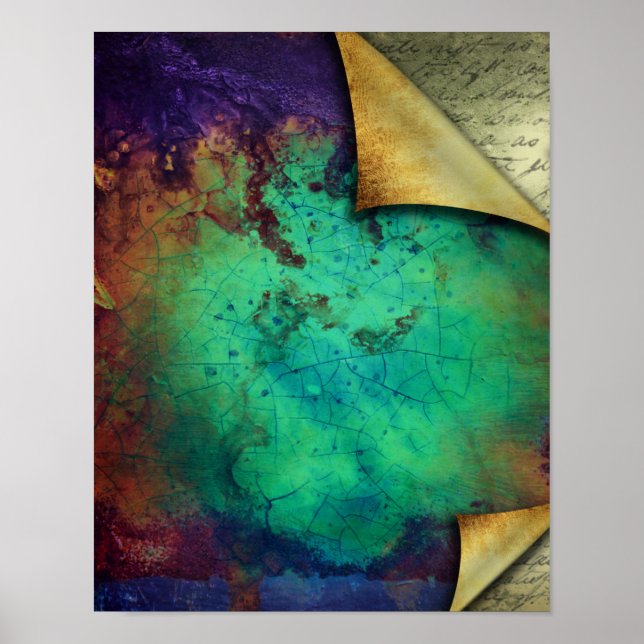 Rustic Curled Pages Turquoise Grunge Texture Poster (Front)