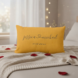 Rustic Cursive Names and Heart Wedding Gift Orange Lumbar Pillow