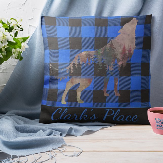 Rustic Custom Blue Buffalo Plaid Wolf Wilderness Throw Pillow (Creator Uploaded)