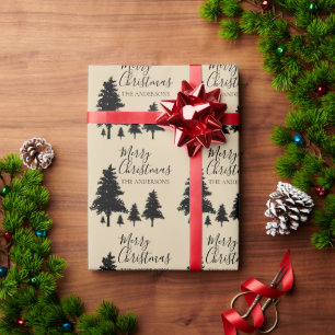 Rustic Custom Brown Black Tree Merry Christmas Wrapping Paper