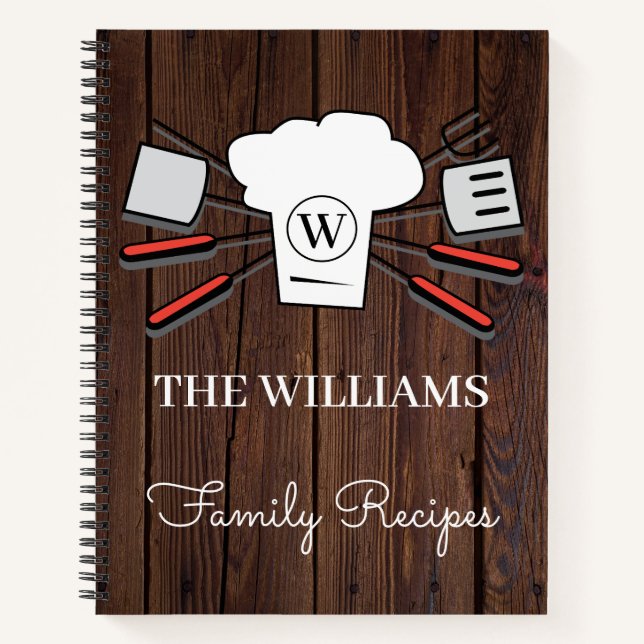Rustic Custom Family Name & Monogram Cookbook Chef Notebook (Front)
