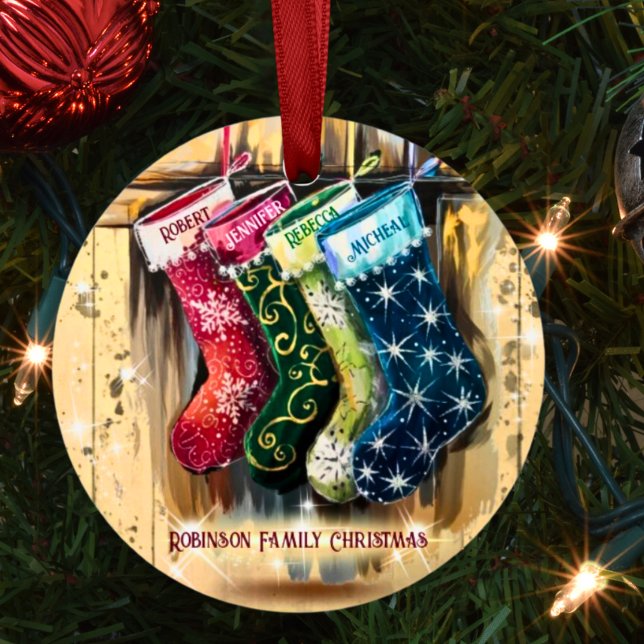 Rustic Custom Family Name Twinkle Christmas  Metal Ornament (Creator Uploaded)