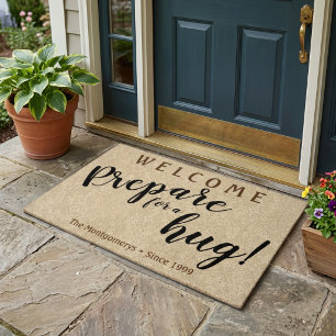 Rustic Custom Name "Prepare For A Hug" Welcome Doormat
