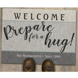 Rustic Custom Name "Prepare For A Hug" Welcome Doormat
