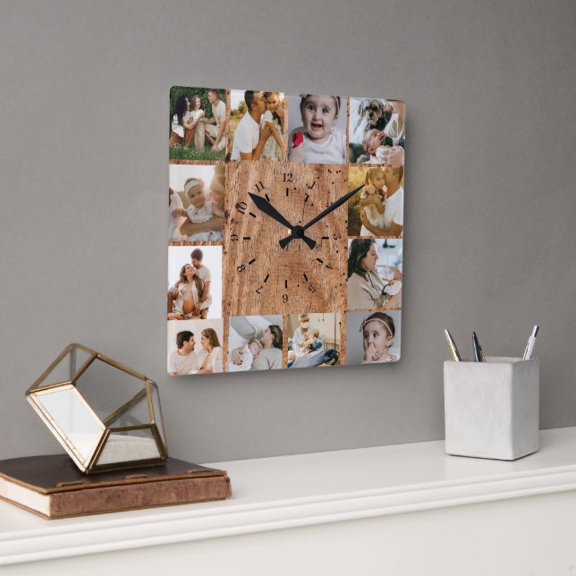 Rustic Custom Photo Collage Family Square Wall Clock (Office)