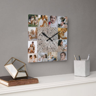Rustic Custom Photo Collage Family Square Wall Clock