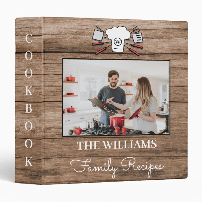 Rustic Custom Photo Name Monogram Family Recipe 3  Binder (Front/Spine)