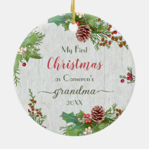 Rustic Custom Photo New Grandma 1st Christmas Ceramic Ornament