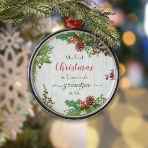 Rustic Custom Photo New Grandpa 1st Christmas  Metal Ornament
