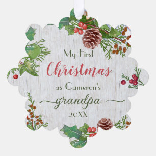 Rustic Custom Photo New Grandpa 1st Christmas   Ornament Card