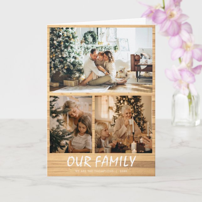 Rustic Custom Three Photo Collage Christmas Card (Orchid)