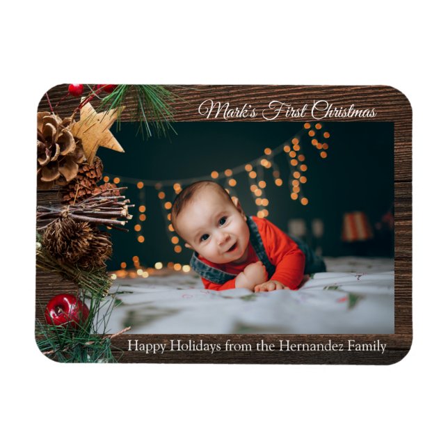 Rustic Cute Baby's First Christmas Holiday Photo Magnet (Horizontal)