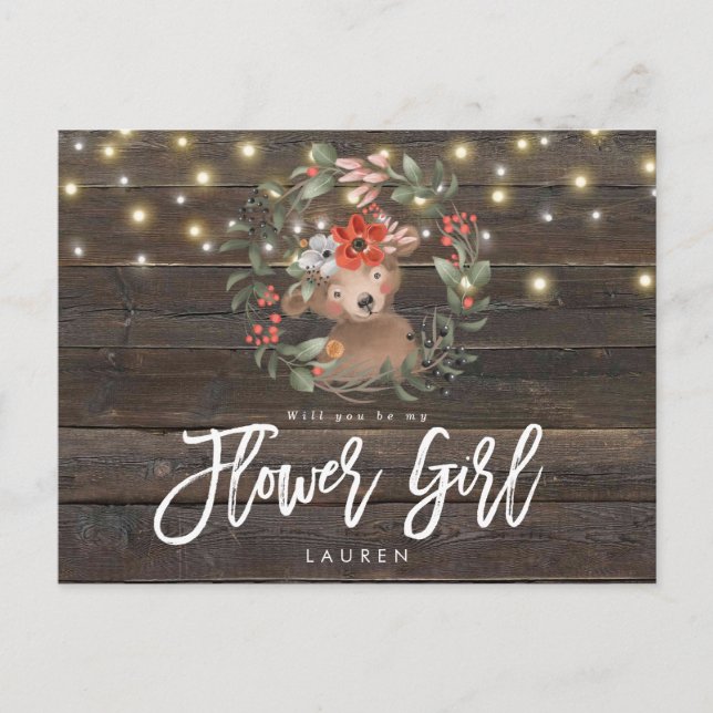 rustic cute bear floral will you be my flower girl announcement postcard (Front)