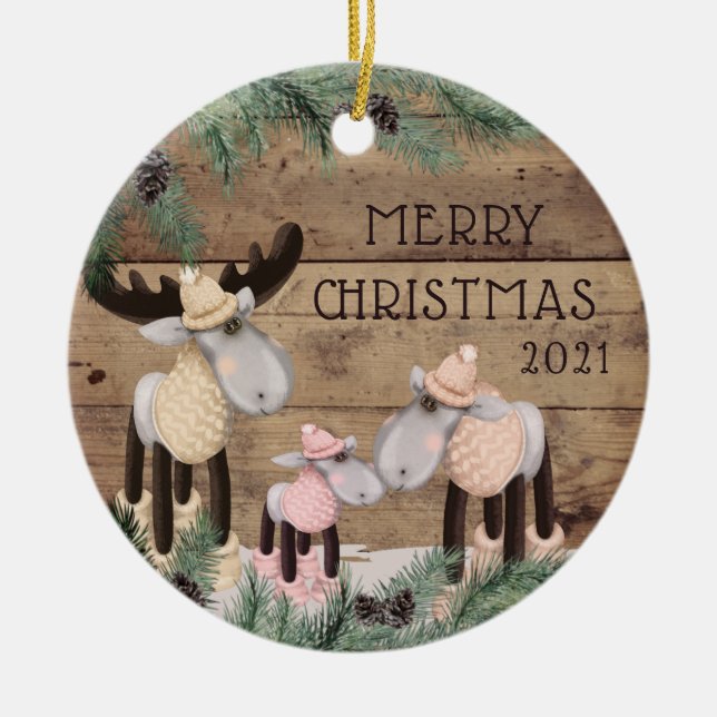 Rustic Cute Deer Family Photo Wood Pine Ceramic Or Ceramic Ornament (Front)